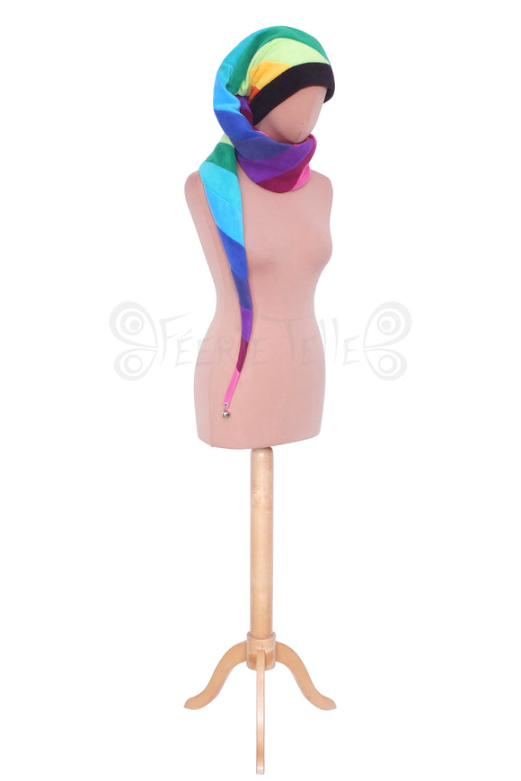 MADE TO ORDER - 'Ultimate Pixie' Length Hat - Rainbow - Narrow CandyCane Stripes - Polar Fleece